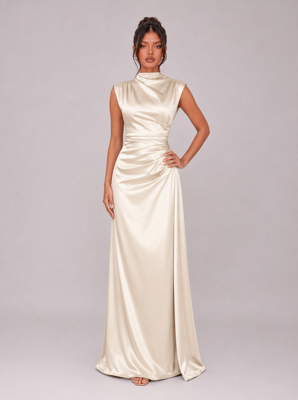 Winona High-Neck Draped Satin Maxi Dress