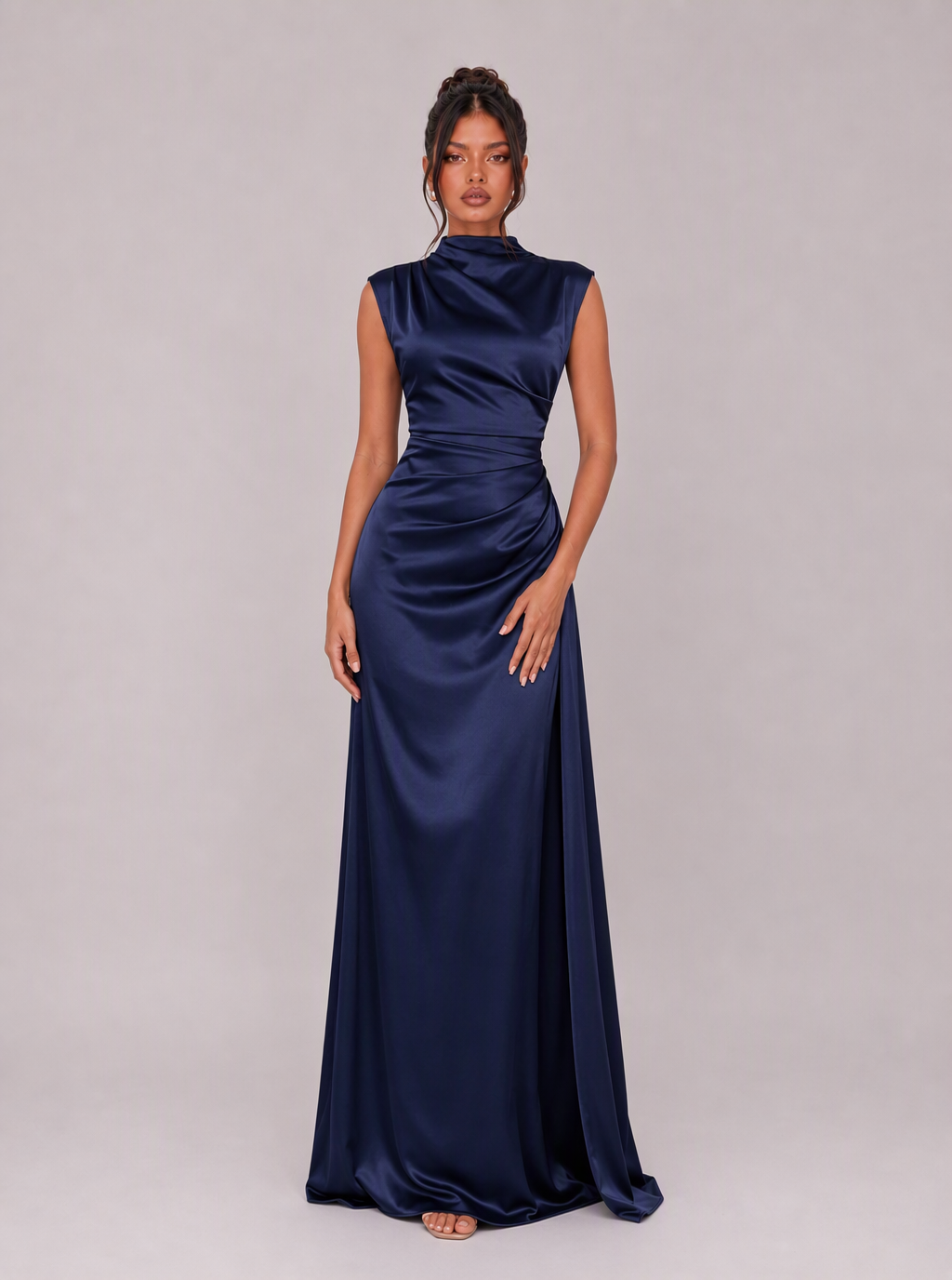 Winona High-Neck Draped Satin Maxi Dress