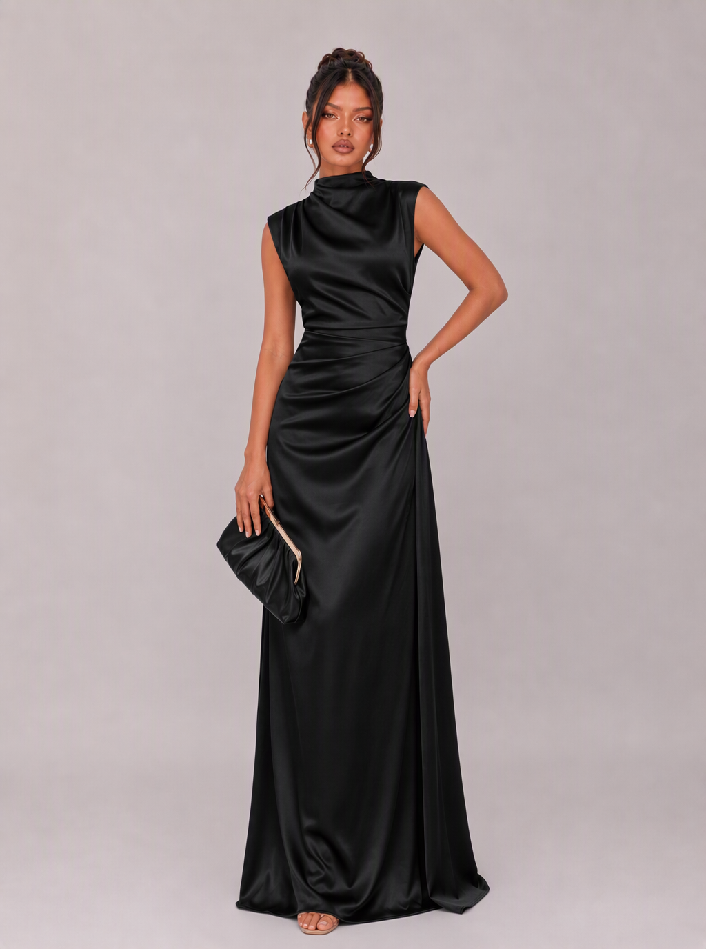 Winona High-Neck Draped Satin Maxi Dress