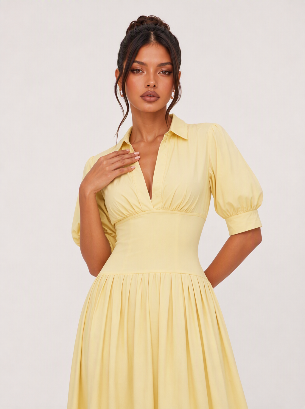 Marigold Collared Puff-Sleeve Midi Dress