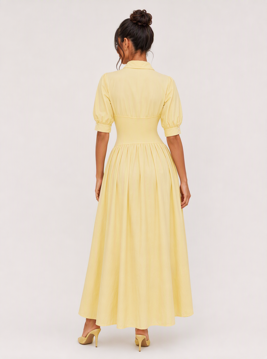Marigold Collared Puff-Sleeve Midi Dress