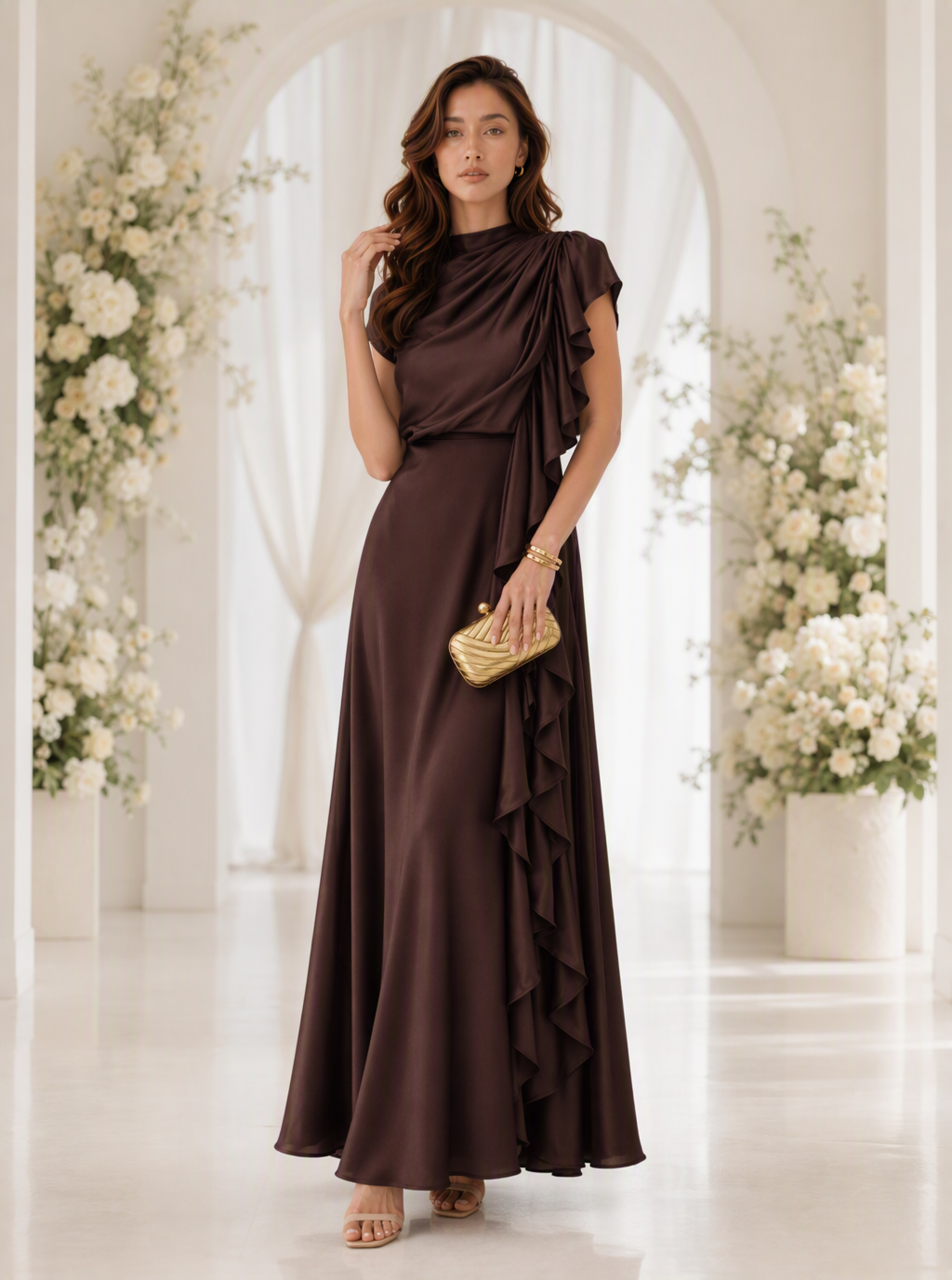 Zephrina Helene ruffle satin maxi dress