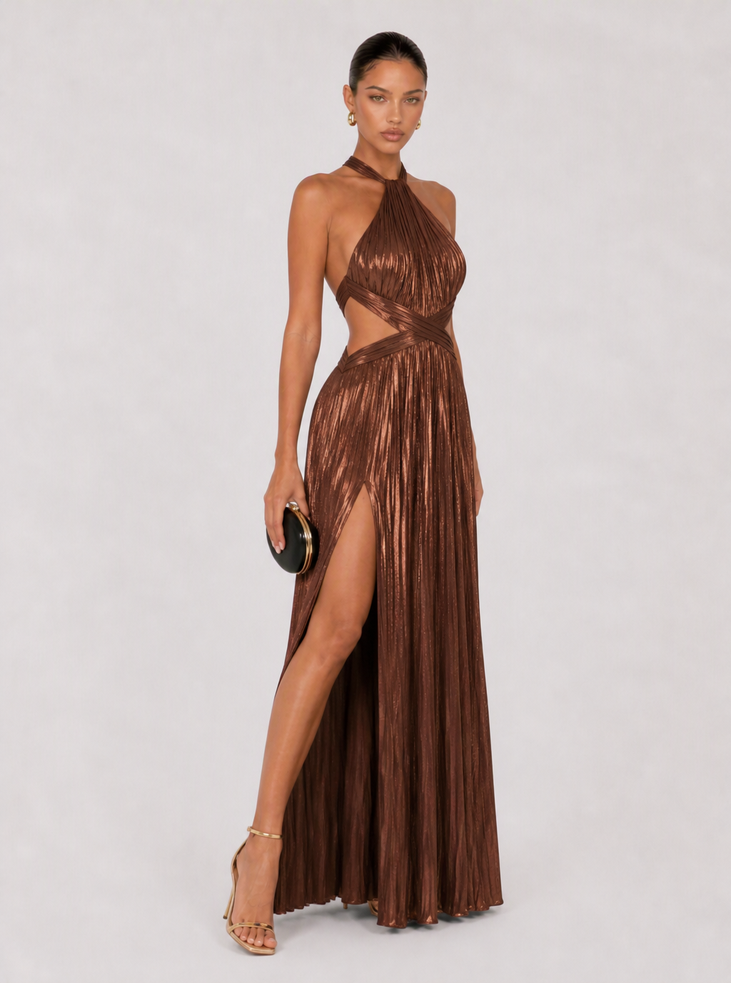 Zephrina Liselotte metallic pleated halter maxi dress in golden brown