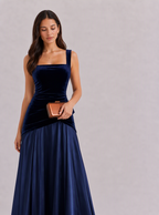 Zephrina Felicie square-neck velvet-bodice satin maxi dress in navy