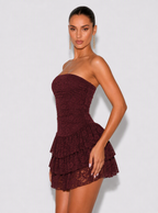 Zephrina Elara tiered lace mini dress in brown