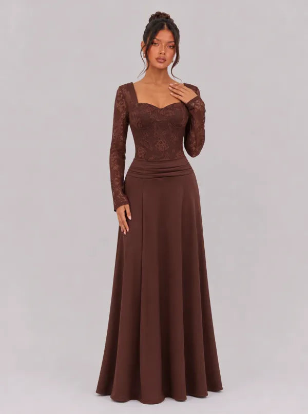 Zephrina Wilhelmina lace sweetheart maxi dress in brown