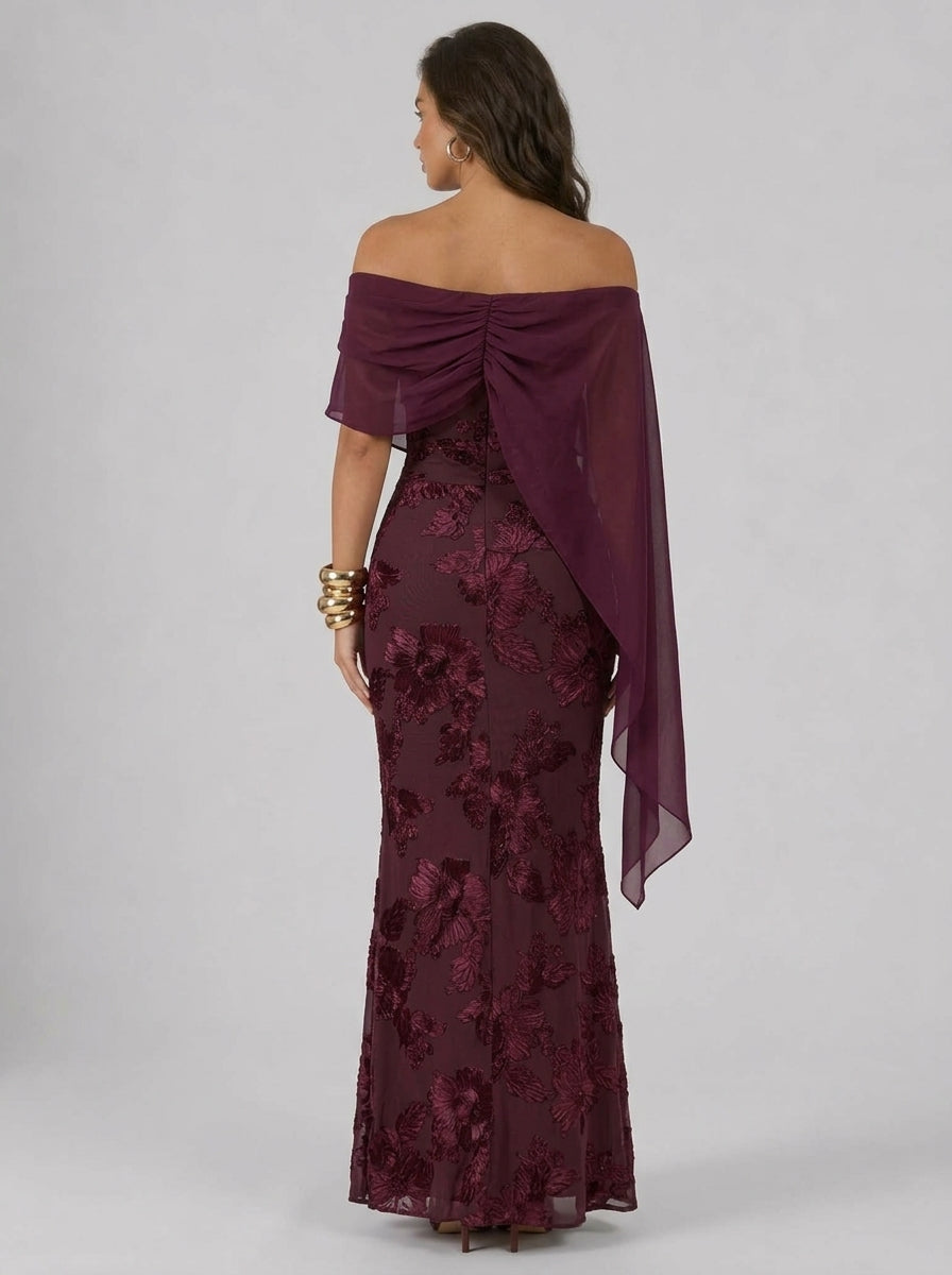 Zephrina Elara embroidered cape maxi dress in brick red