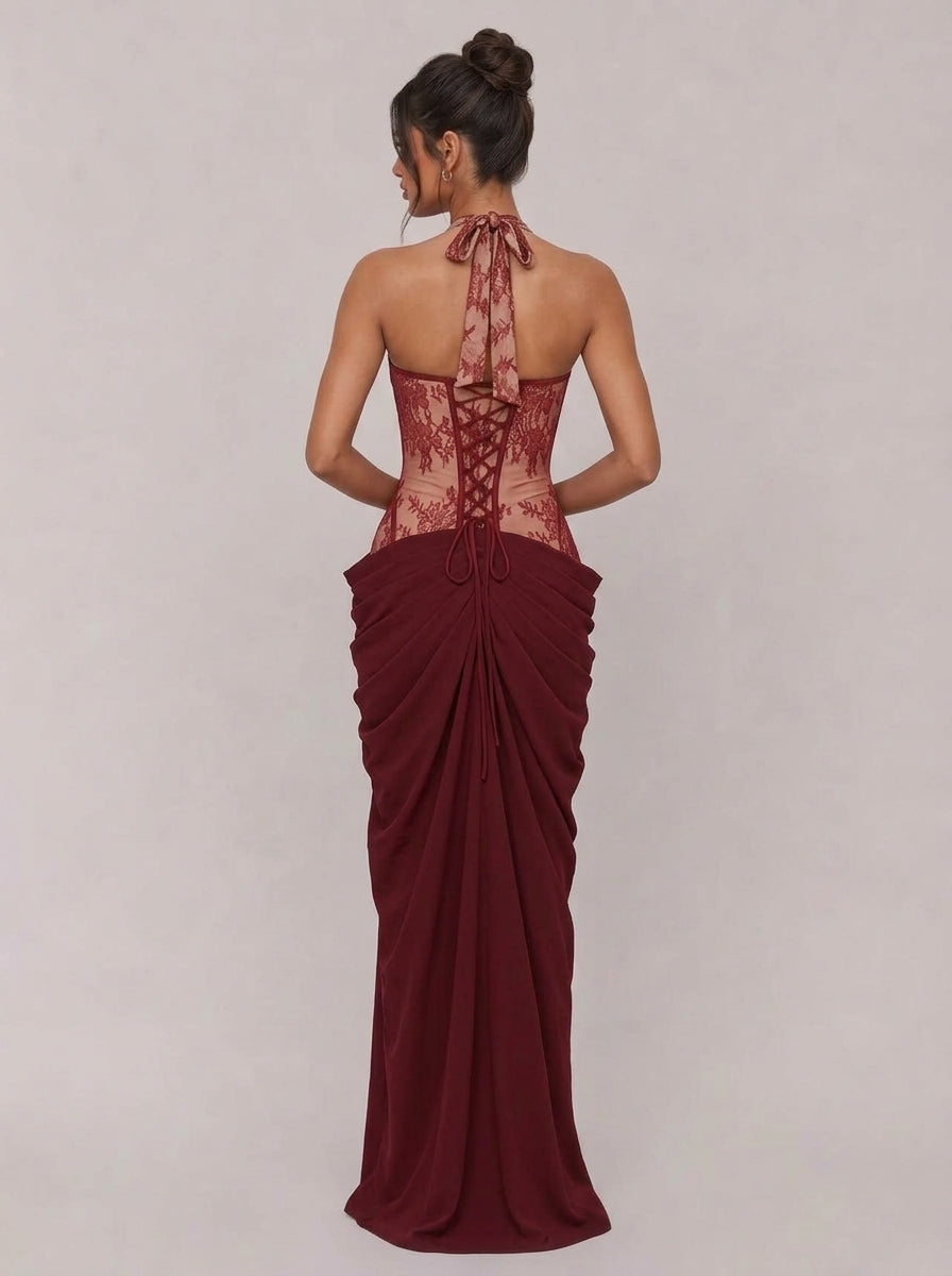 Zephrina Cressida lace corset slit maxi dress in burgundy