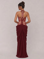 Zephrina Cressida lace corset slit maxi dress in burgundy