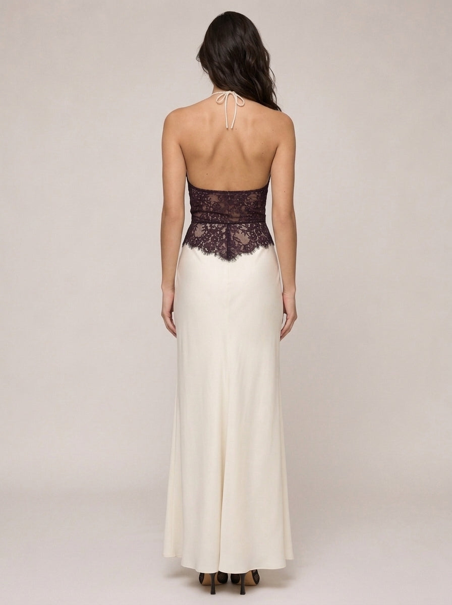 Zephrina Nicolette lace halter satin skirt maxi dress in black