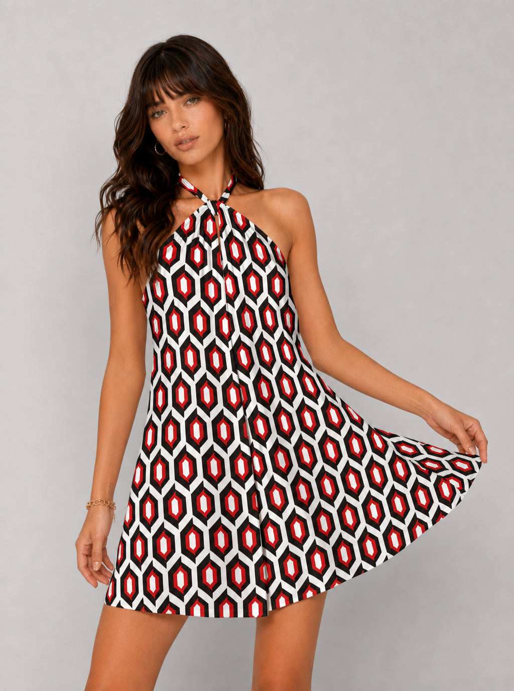 Zephrina Lavinia geometric halter mini dress in red