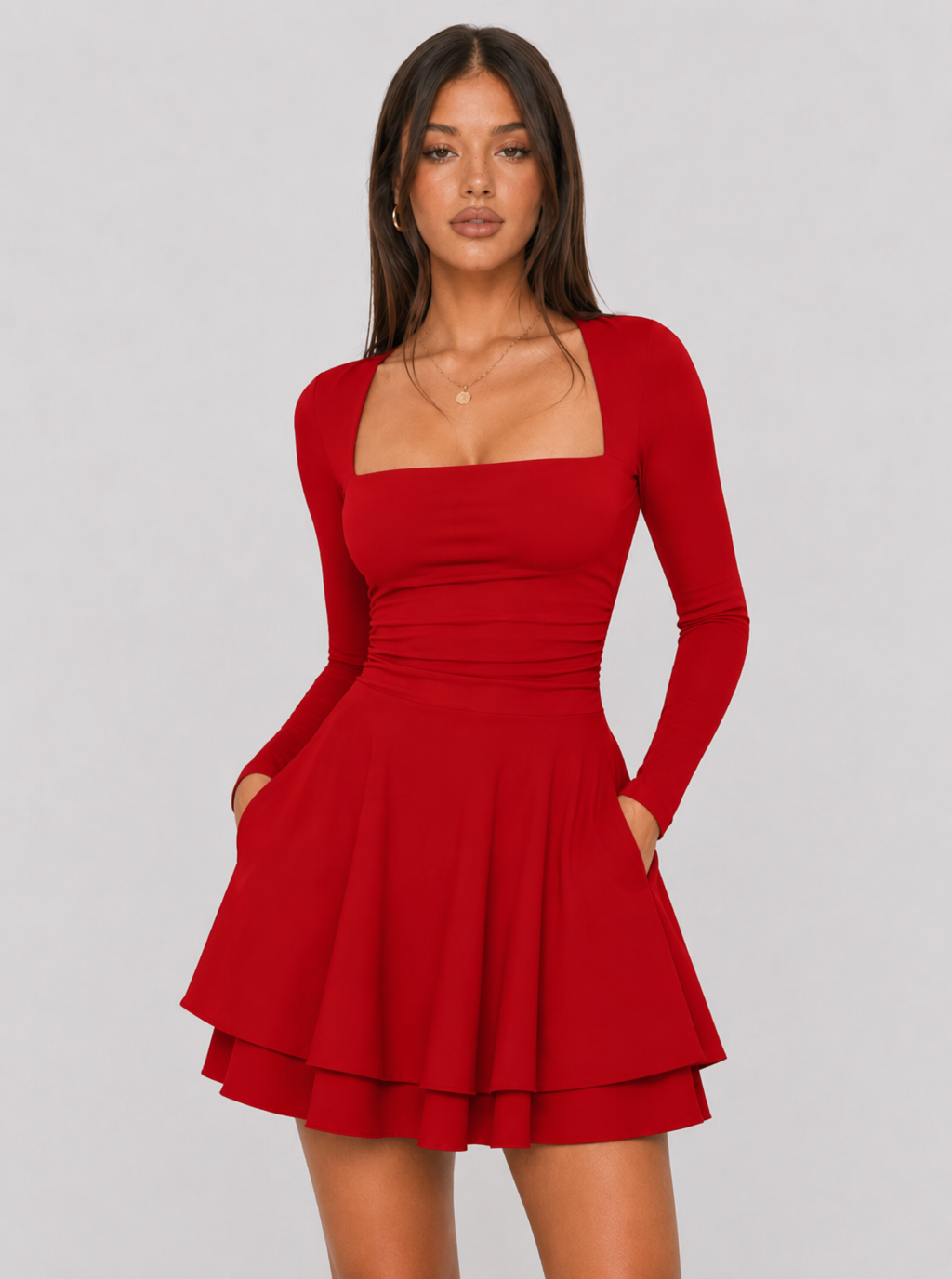 Zephrina Amelia square neck knit mini dress in red