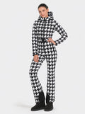 Zephrina Bryony graphic print one-piece ski suit in black and white houndstooth