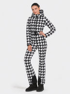 Zephrina Bryony graphic print one-piece ski suit in black and white houndstooth