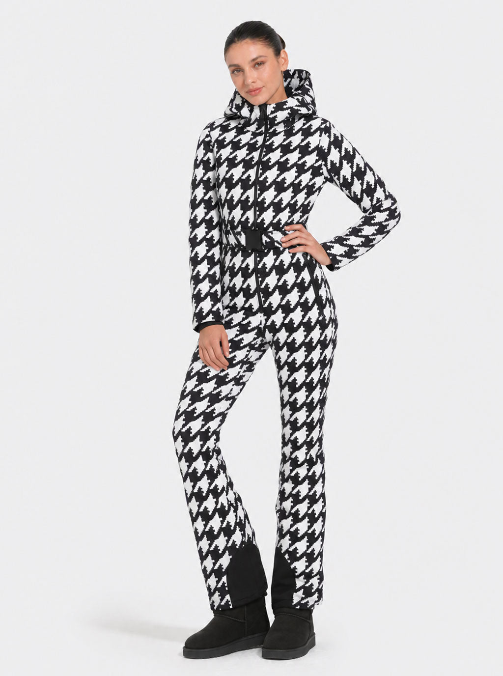 Zephrina Bryony graphic print one-piece ski suit in black and white houndstooth