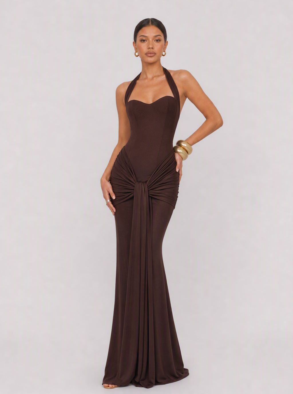 Zephrina Virelai halter ruched maxi dress