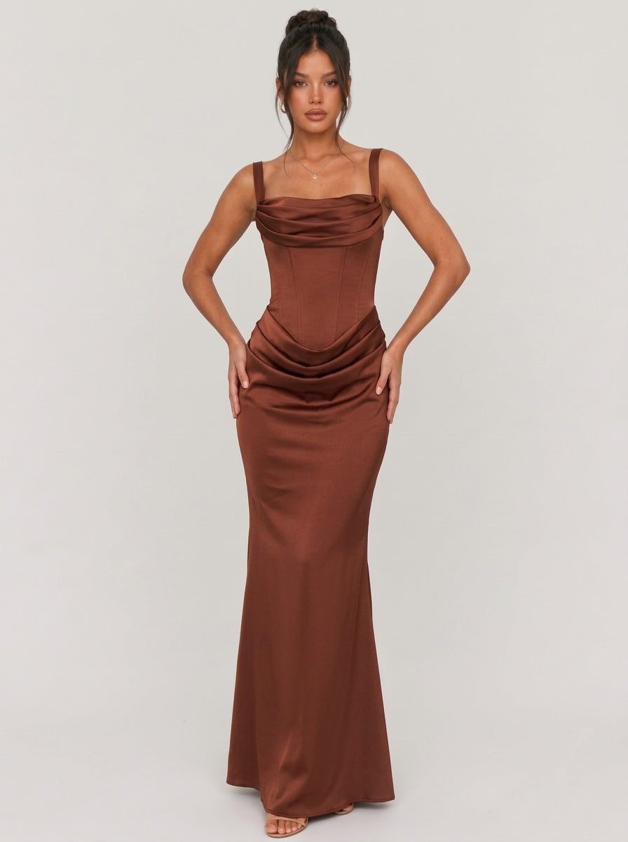 Zephrina Renata draped satin maxi dress in brown