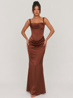 Zephrina Renata draped satin maxi dress in brown