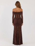 Zephrina Lenora off-shoulder lace maxi dress in brown