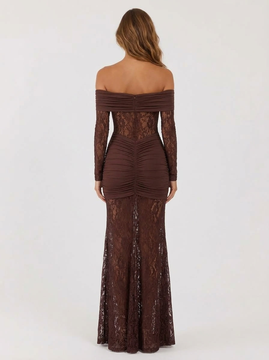 Zephrina Lenora off-shoulder lace maxi dress in brown