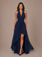 Zephrina Aurelia halter ruffle-hi-low midi dress in black