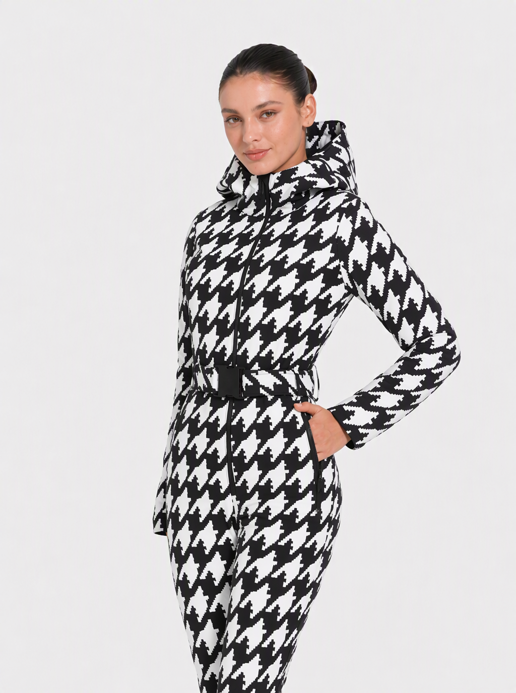 Zephrina Bryony graphic print one-piece ski suit in black and white houndstooth