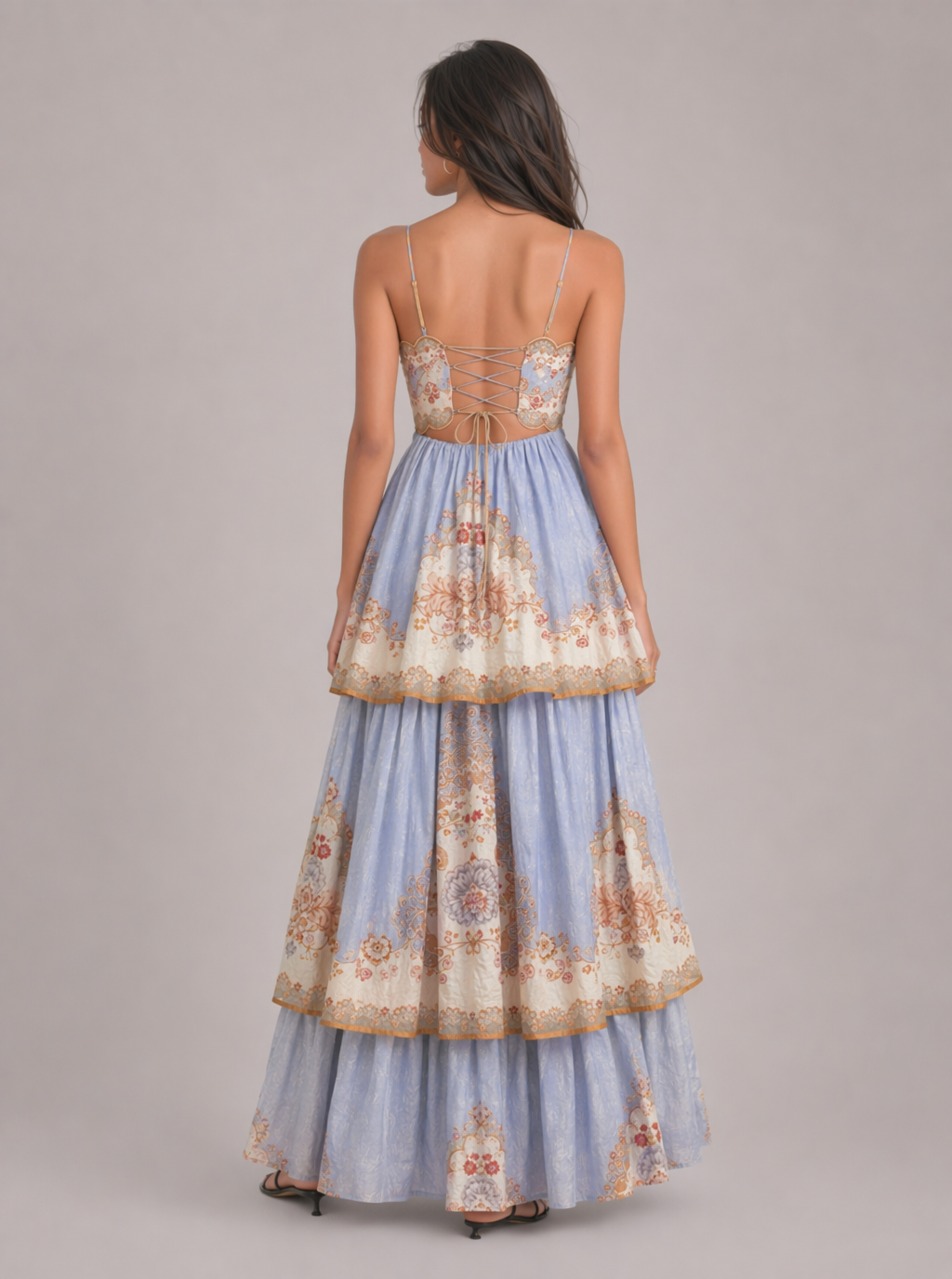 Zephrina Romilly tiered border-print maxi dress in blue