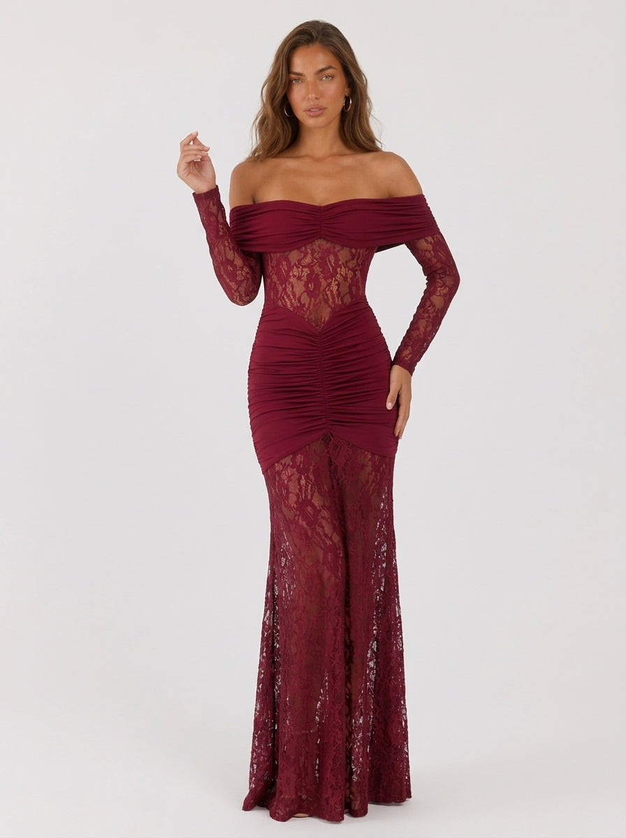 Zephrina Lenora off-shoulder lace maxi dress in brown