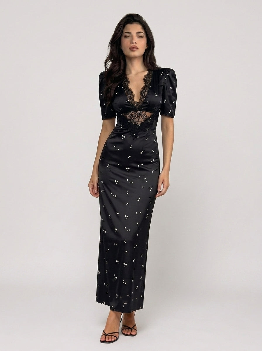 Zephrina Anouk lace plunge maxi dress in black