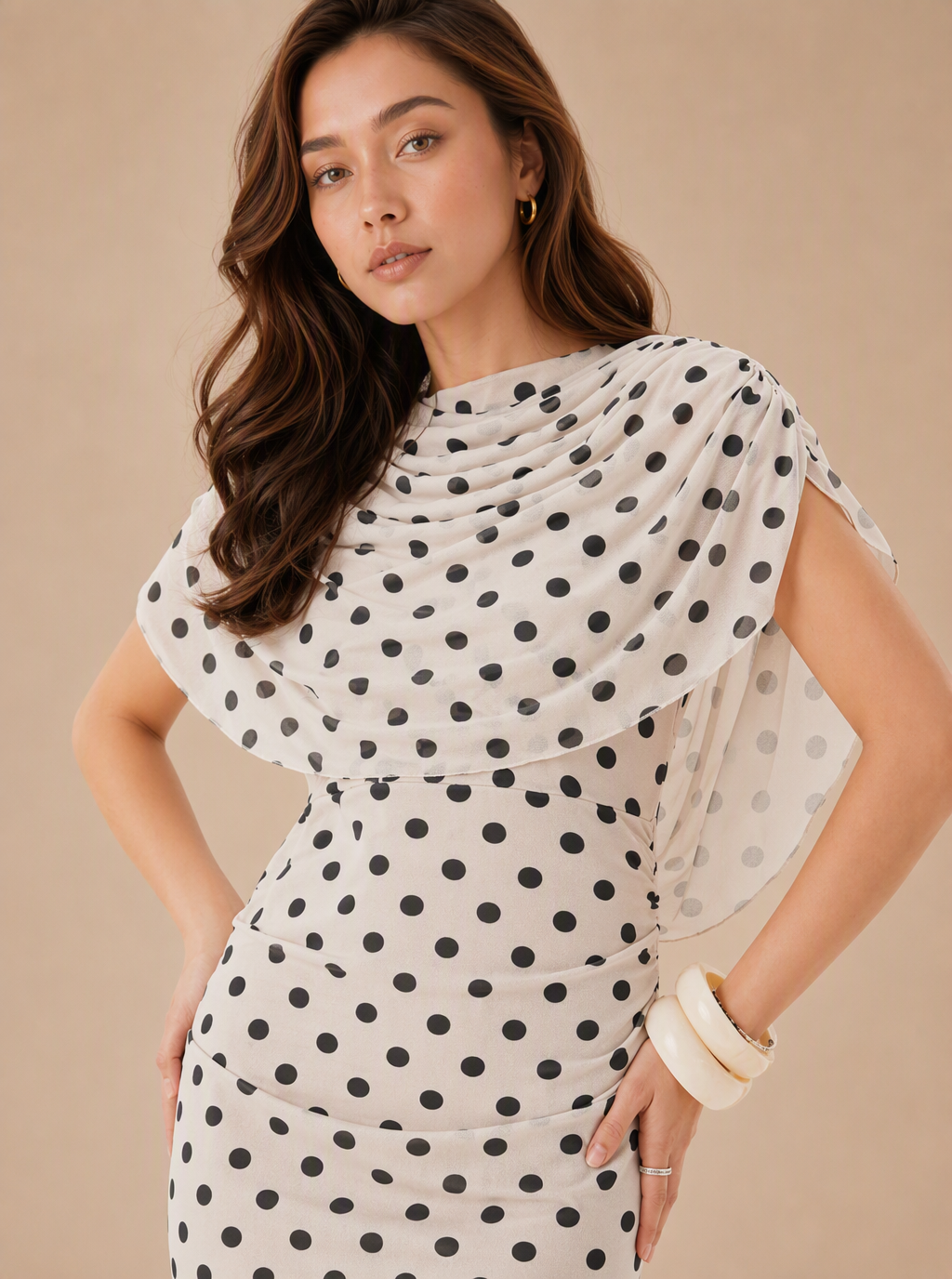 Zephrina Maelys draped polka dot midi dress in white