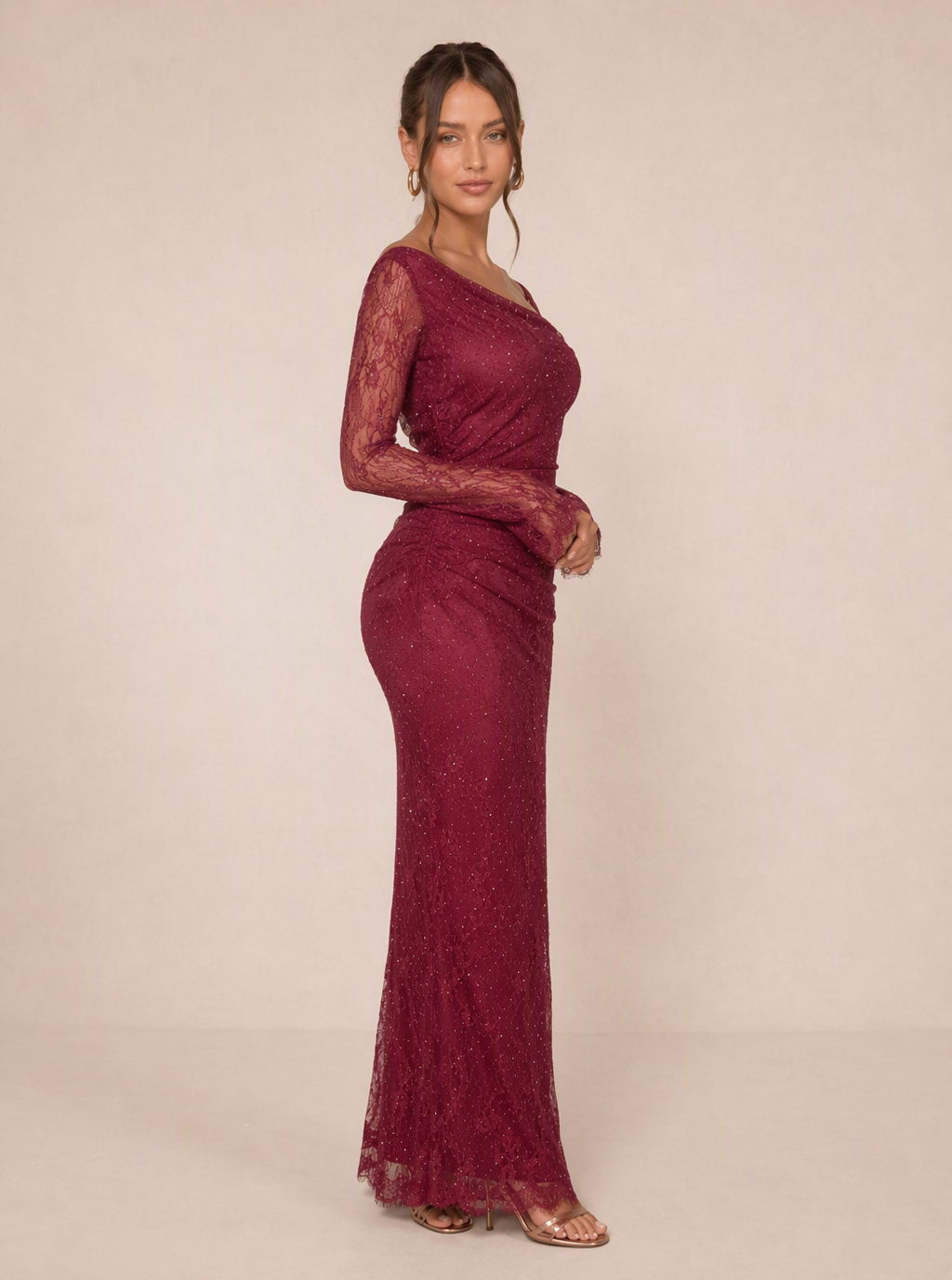 Zephrina Ismerie long-sleeve lace maxi dress in burgundy