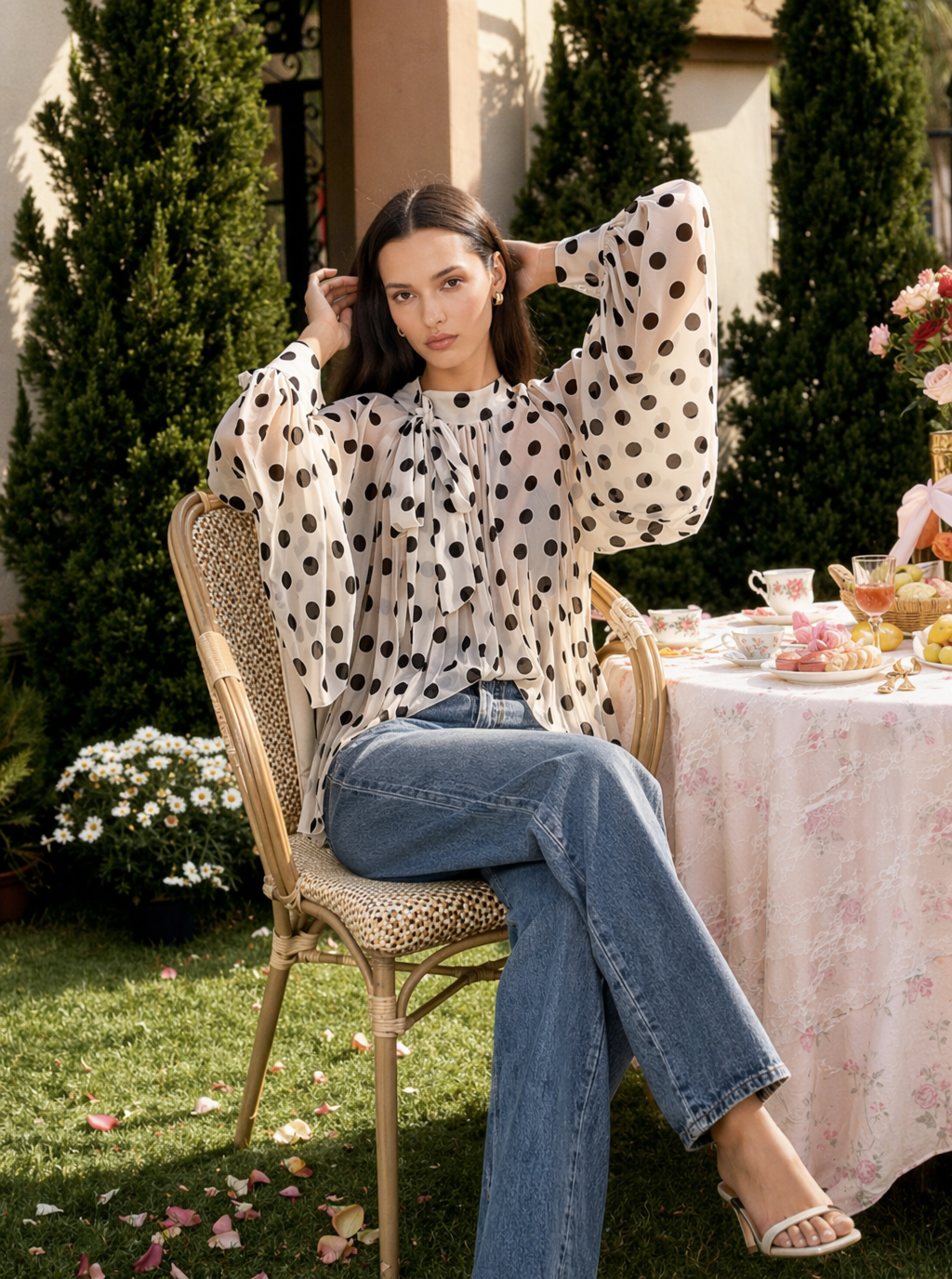 Zephrina Camille polka dot tie neck top in white