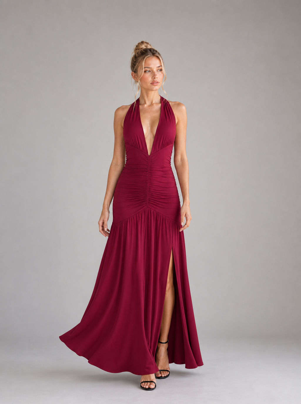 Zephrina Quenelle plunging slit maxi dress