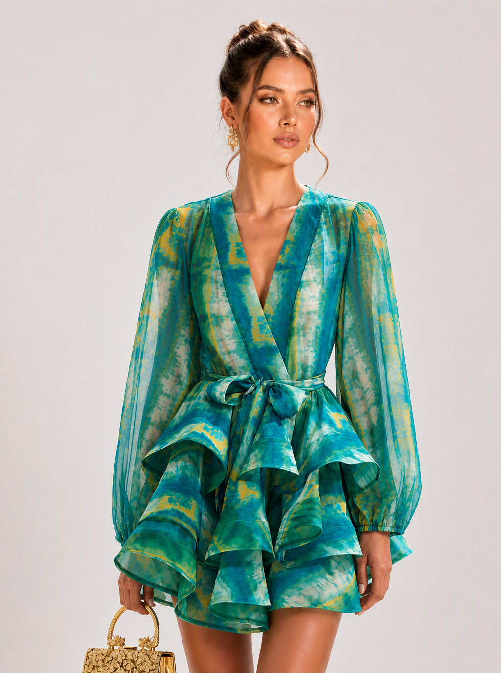 Zephrina Isolde ombre ruffle mini dress in green