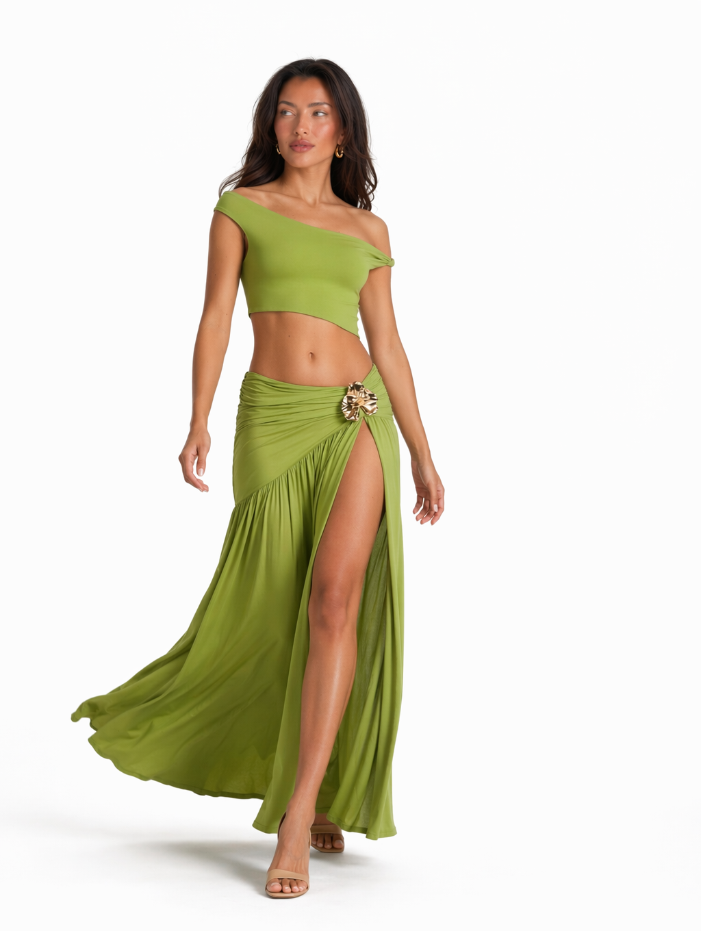 Avocado Green Off Shoulder Crop Top & High Slit Maxi Skirt