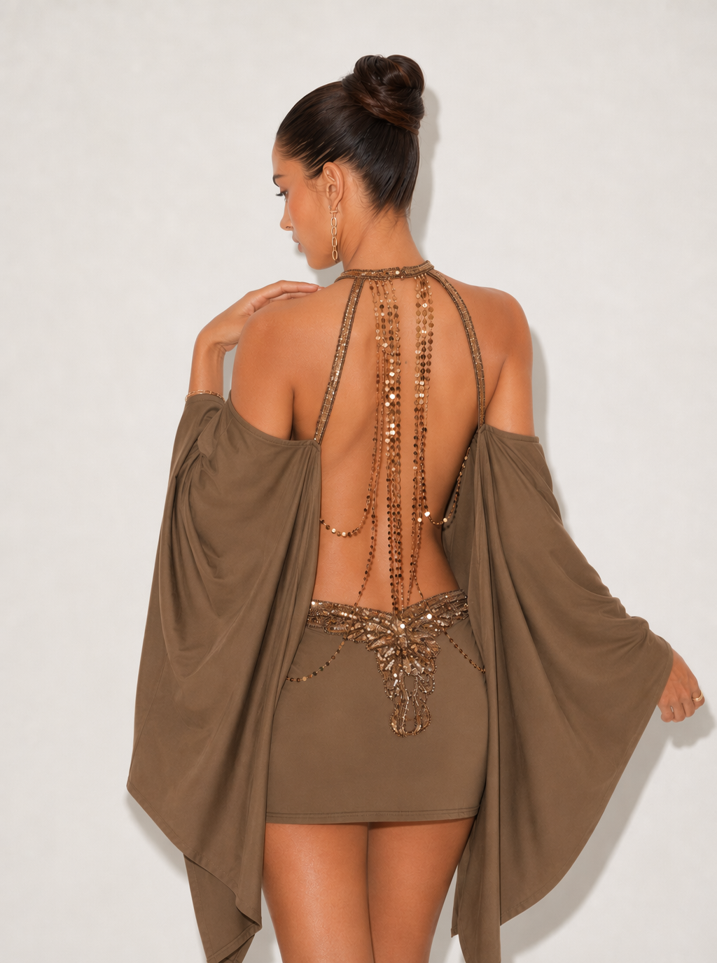 Zephrina butterfly sequin mini dress in coffee