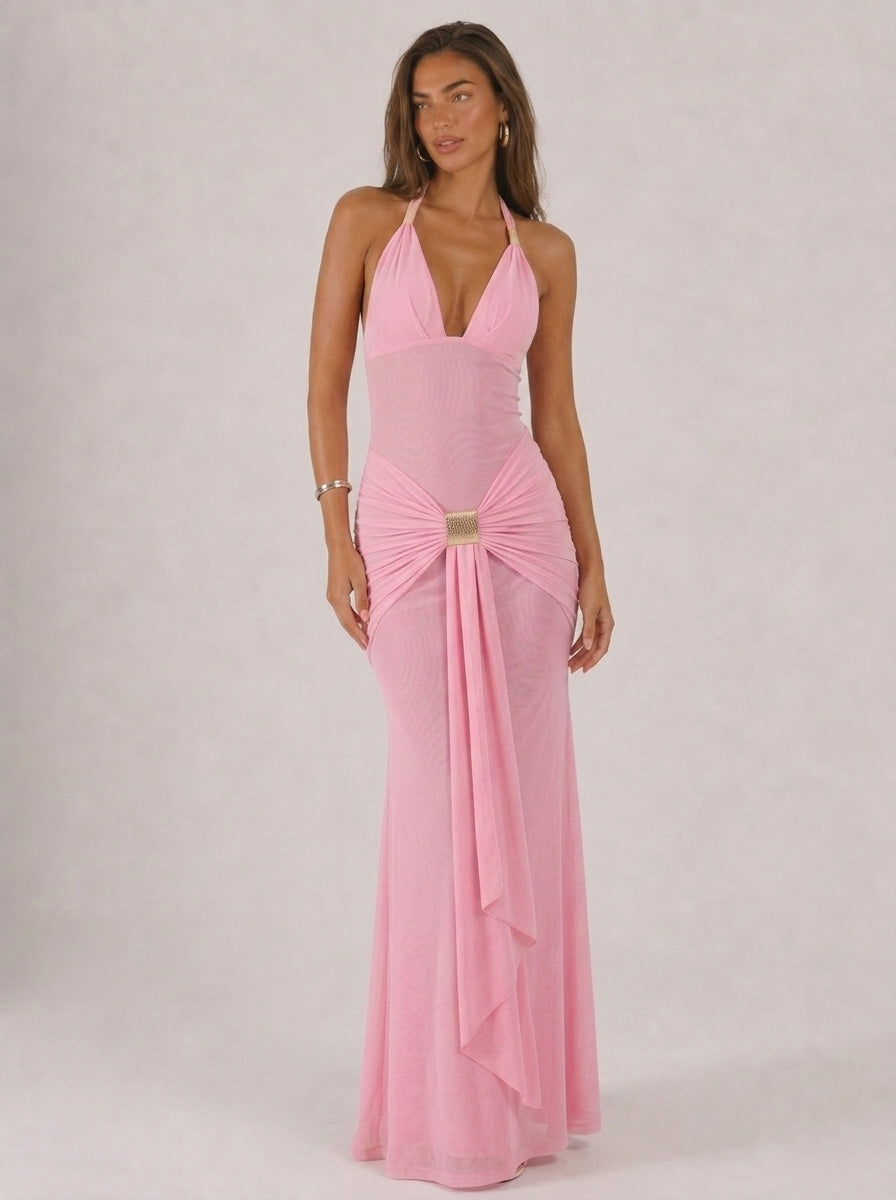Zephrina Vespera halter ruched maxi dress in pink