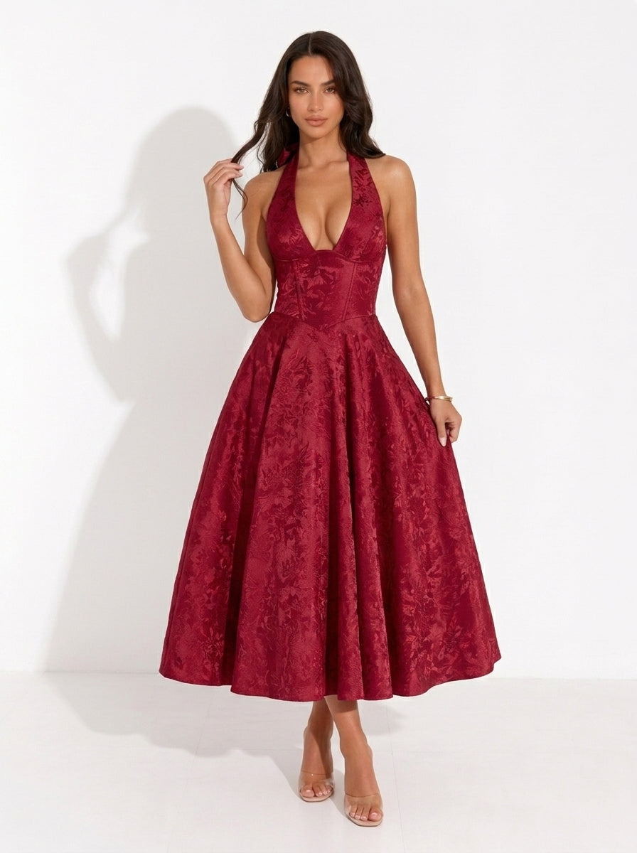 Zephrina Eliska jacquard halter midi dress in pink
