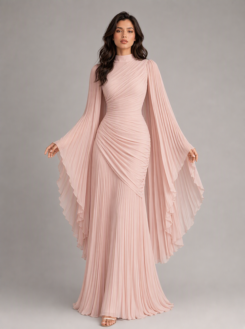 Zephrina Adelais pleated cape-sleeve maxi dress in burgundy