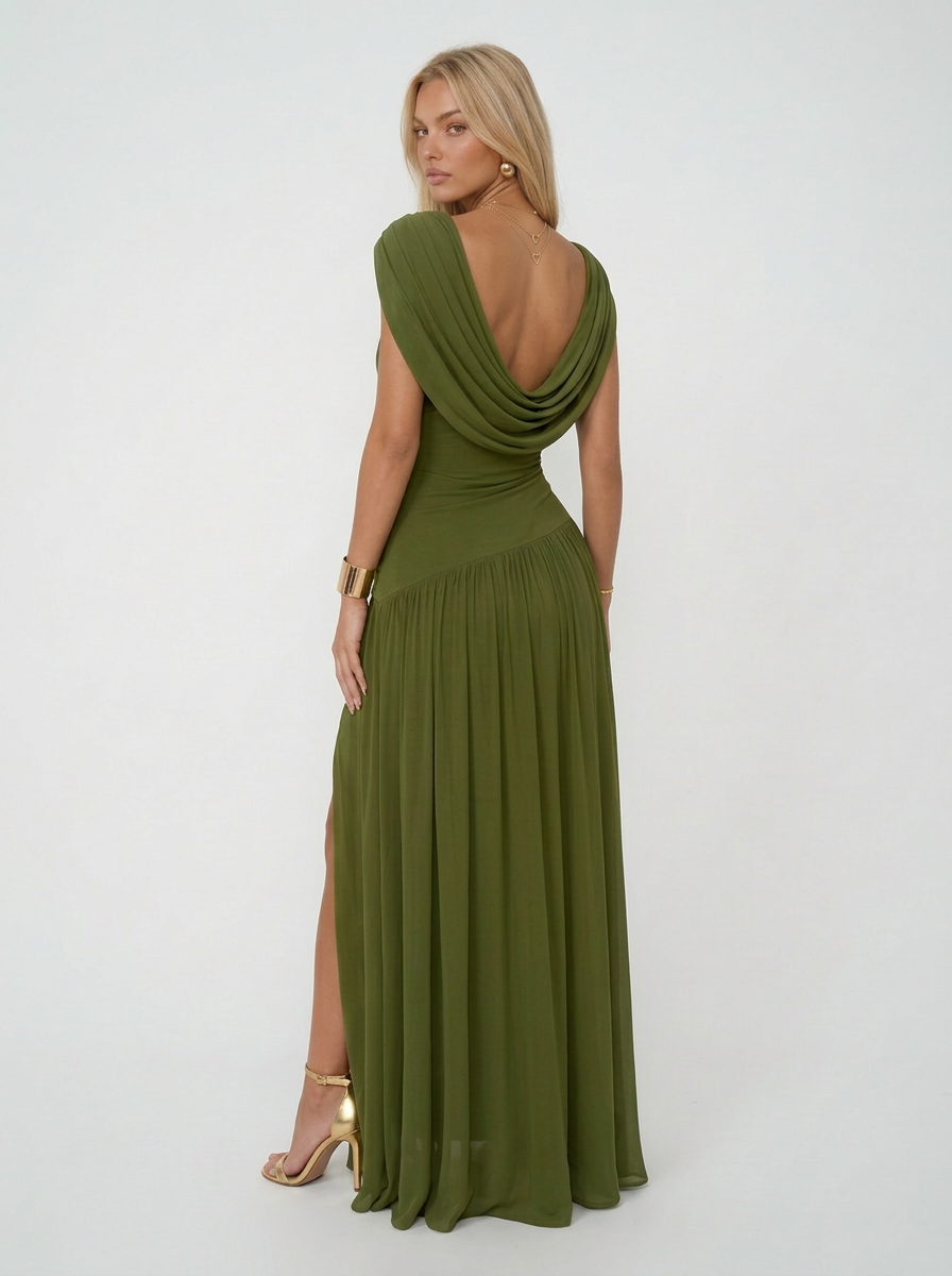 Sleeveless Convertible Cowl Neck Ruched Waist Slim Fit Maxi Dress