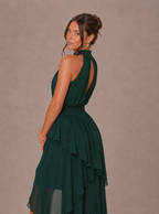 Zephrina Roseline halter ruffle high-low chiffon maxi dress in dark green