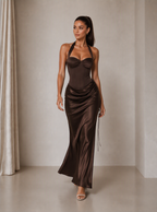 Zephrina Bertille draped halter satin maxi dress in brown