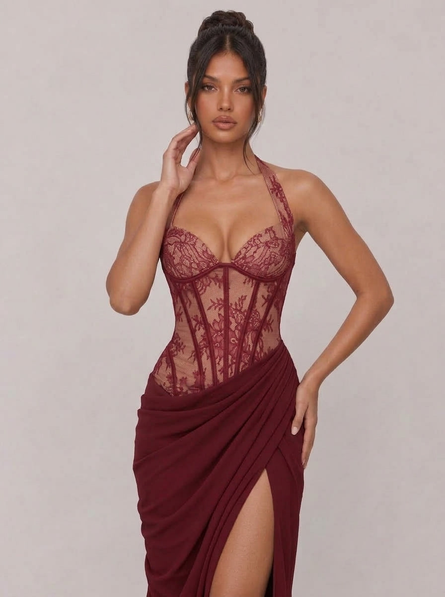 Zephrina Cressida lace corset slit maxi dress in burgundy
