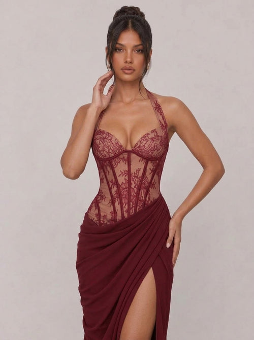 Zephrina Cressida lace corset slit maxi dress in burgundy
