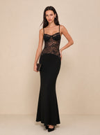 Zephrina black lace bodice maxi dress with slim straps