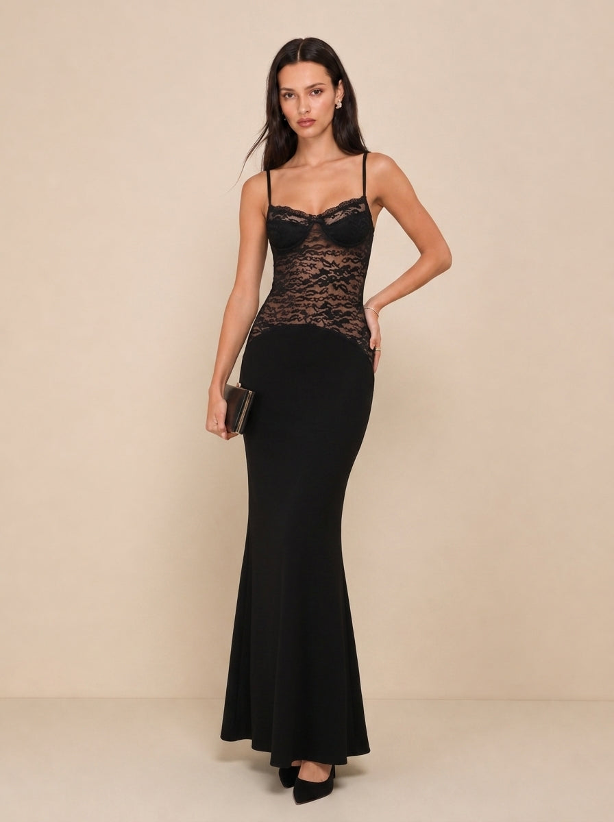 Zephrina black lace bodice maxi dress with slim straps