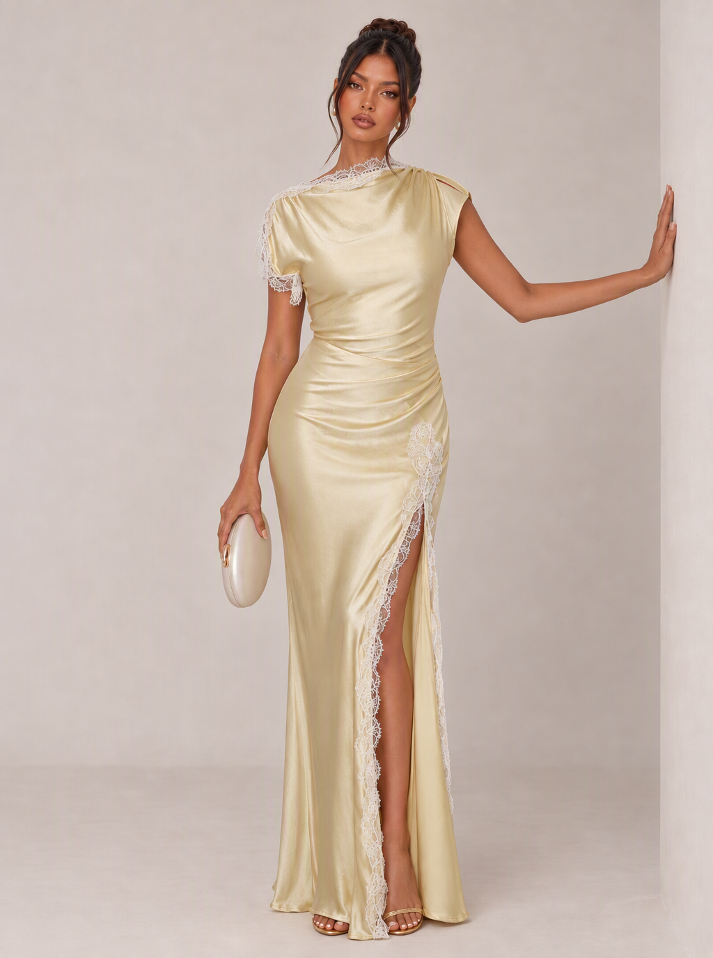 Zephrina Albertina lace-trim satin slit maxi dress in yellow