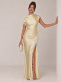 Zephrina Albertina lace-trim satin slit maxi dress in yellow