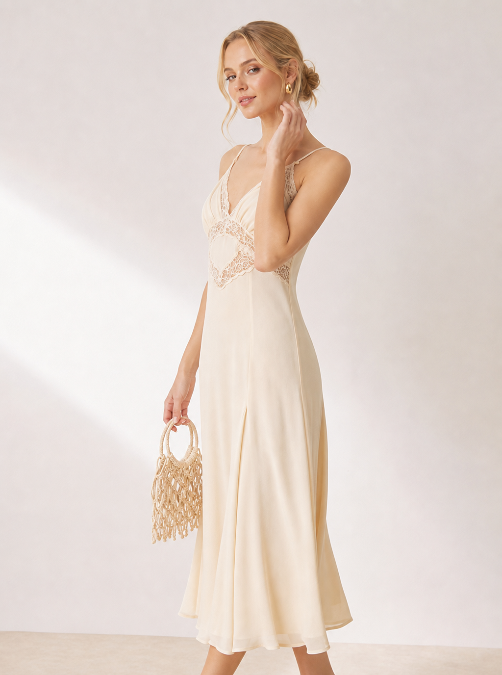 Apricot Heart Lace Cutout Slip Midi Dress