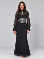Zephrina Euphrasie sequin-waist mesh-sleeve maxi dress in black